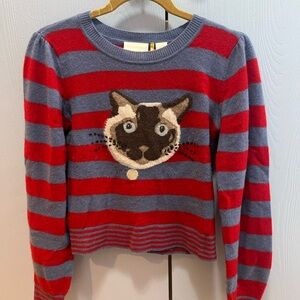 Anthropologie Red and Blue Striped Sweater with Cat Design